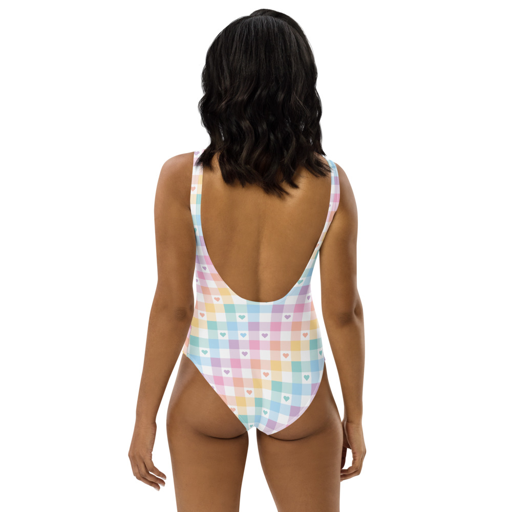 Kawaii rainbow heart kawaii plaid swimsuit, women's cute aesthetic swimwear