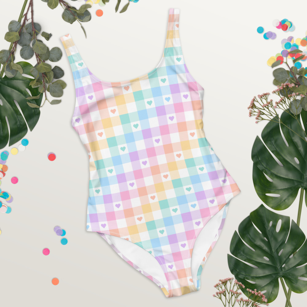 Kawaii rainbow heart kawaii plaid swimsuit, women's cute aesthetic swimwear