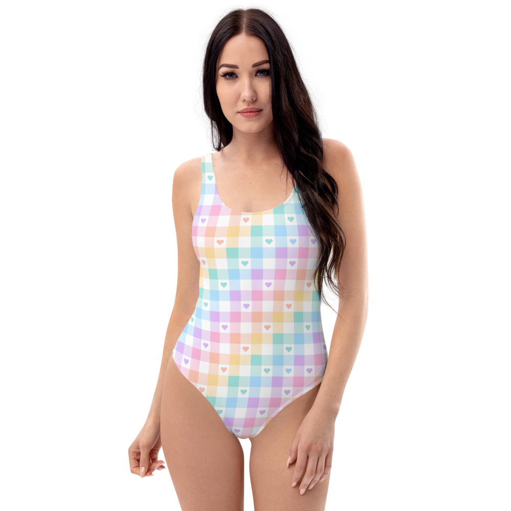 Kawaii rainbow heart kawaii plaid swimsuit, women's cute aesthetic swimwear