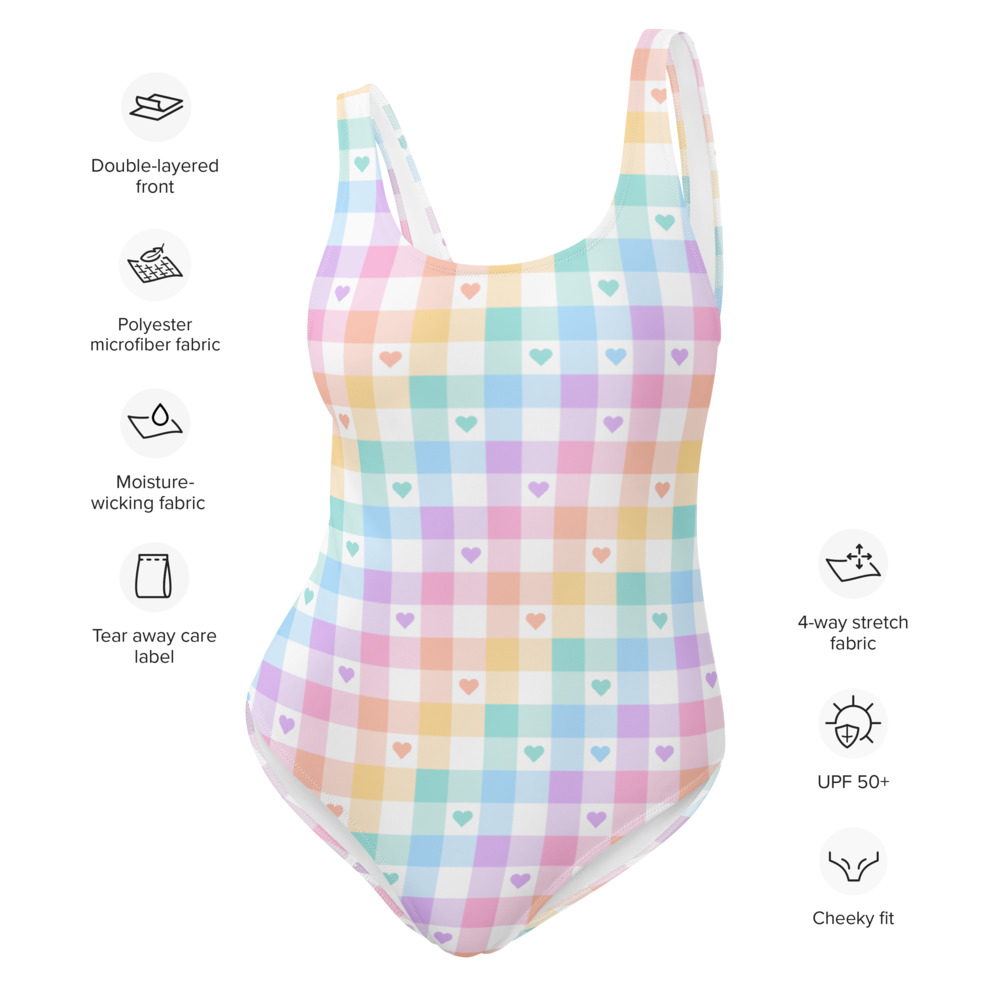 Kawaii rainbow heart kawaii plaid swimsuit, women's cute aesthetic swimwear