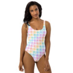 Kawaii rainbow heart kawaii plaid swimsuit, women's cute aesthetic swimwear