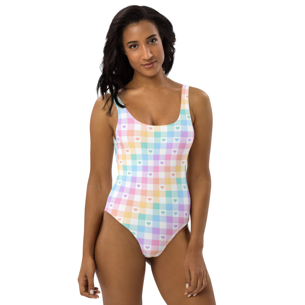 Kawaii rainbow heart kawaii plaid swimsuit, women's cute aesthetic swimwear