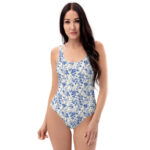 Vintage inspired cottagecore blue floral one piece swimsuit