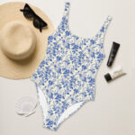 Vintage inspired cottagecore blue floral one piece swimsuit