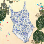 Vintage inspired cottagecore blue floral one piece swimsuit