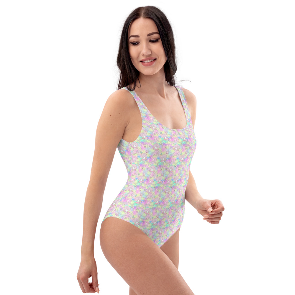 Kawaii clothes women's swimwear with cute mermaid pearl pattern. Pink swimsuits for women.