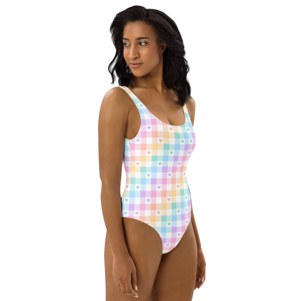 Kawaii rainbow heart kawaii plaid swimsuit, women's cute aesthetic swimwear