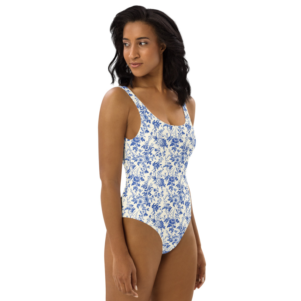 Vintage inspired cottagecore blue floral one piece swimsuit