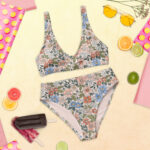 Blue and pink two piece swimsuit bikini, high waisted