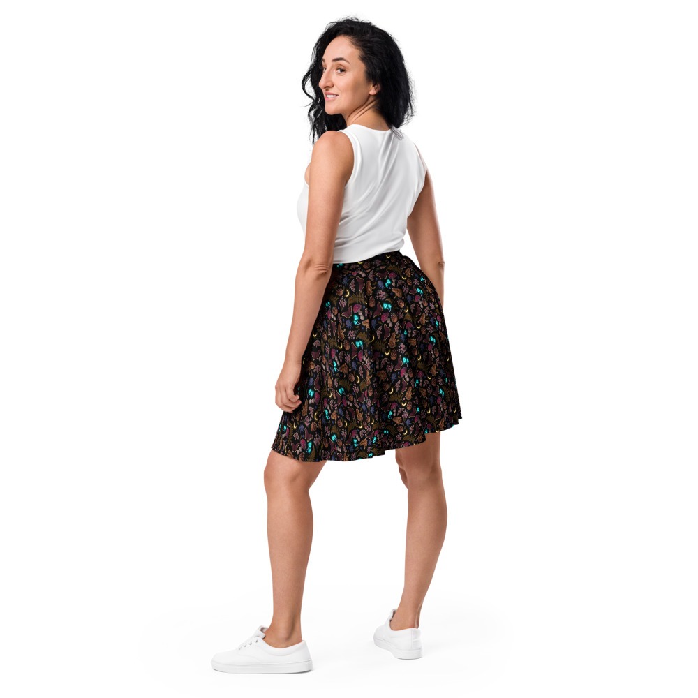 Witchy dark cottagecore mini skirt, glowing mushroom moon frog moth nature cottage core, dark academia women's clothing, skirts and dress, dresses