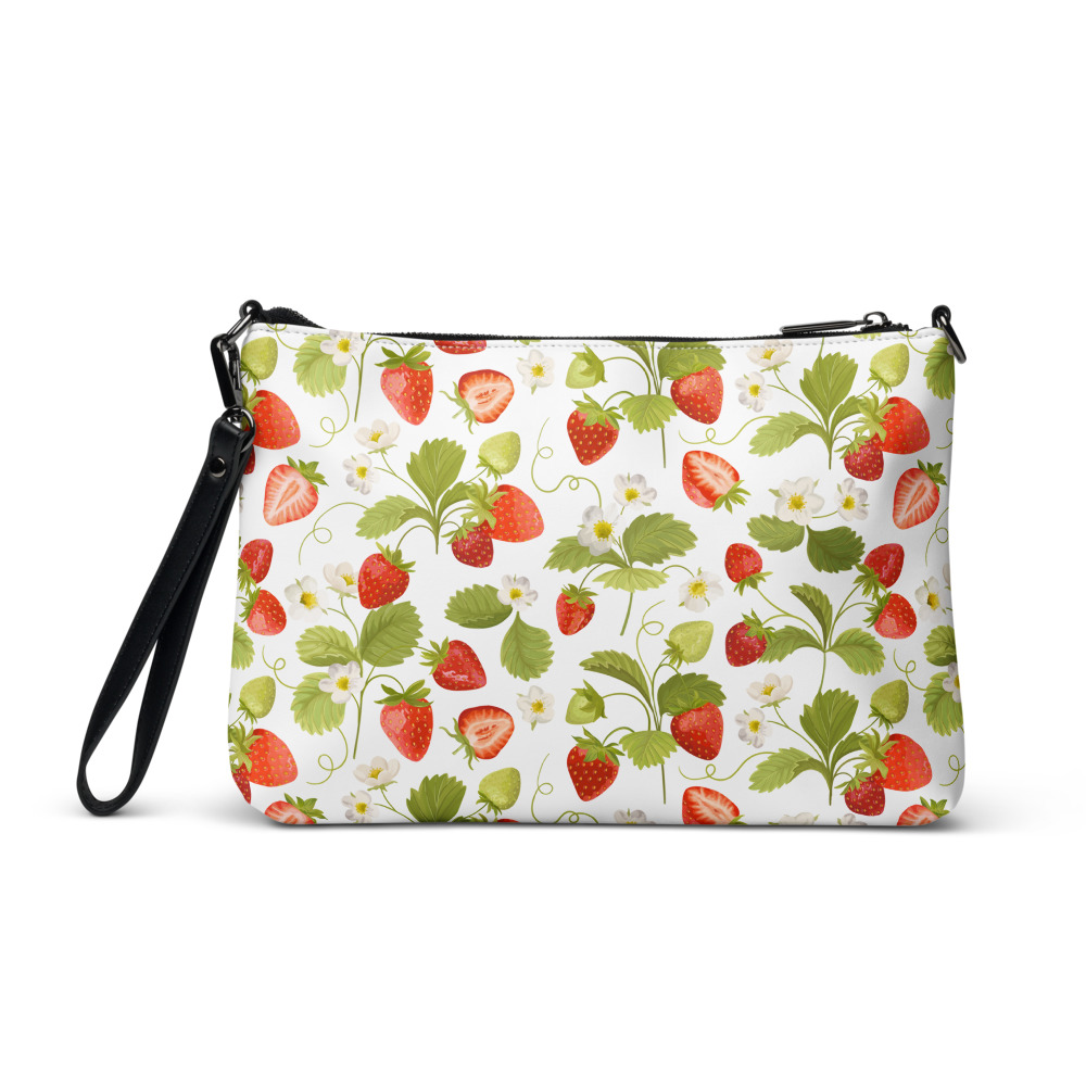 Strawberry Crossbody Bag, Cross Body Bags for Women, Cottagecore Purse with Straps, Red Strawberries, Green Leaves, Floral White Flowers of the Strawberry Plant