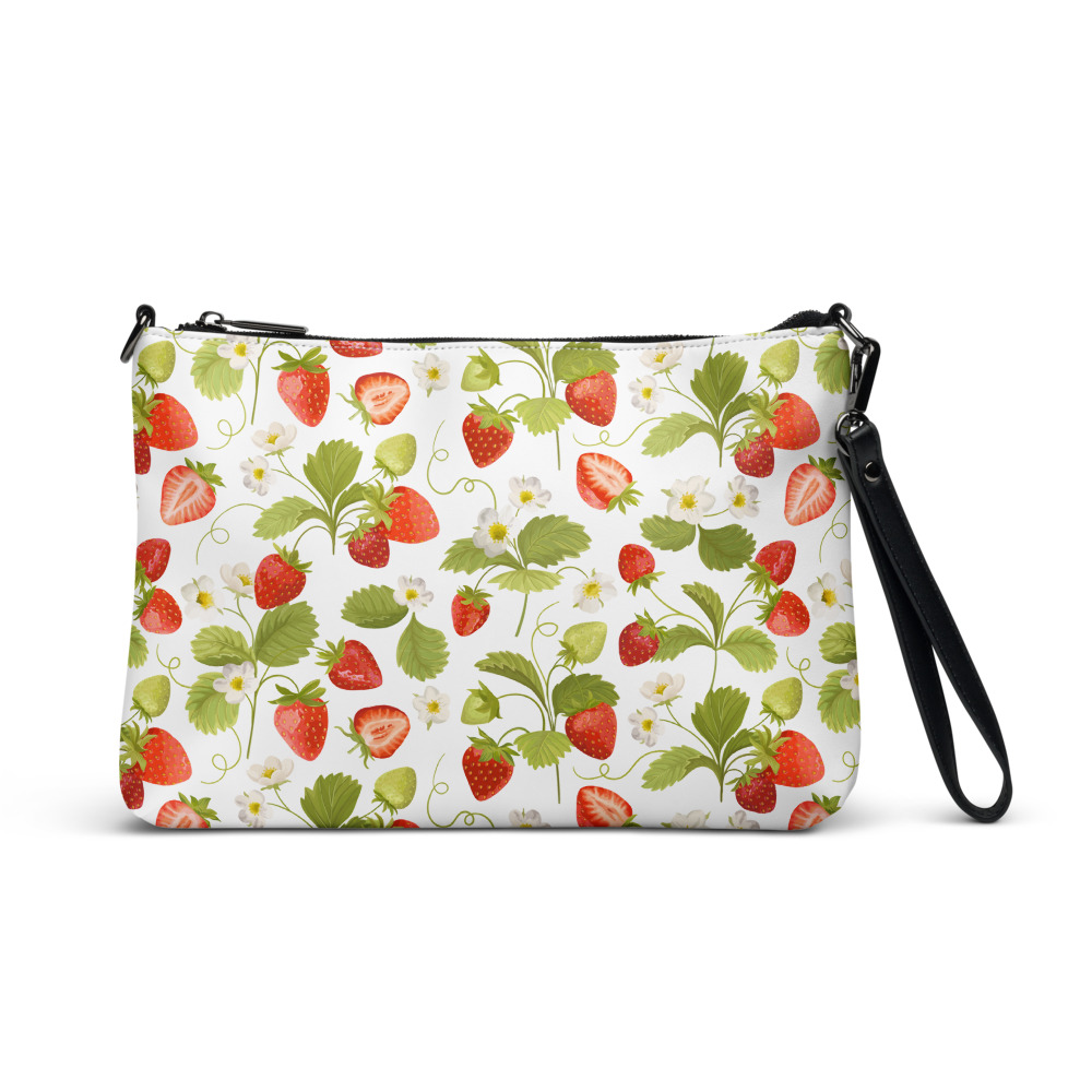 Strawberry Crossbody Bag, Cross Body Bags for Women, Cottagecore Purse with Straps, Red Strawberries, Green Leaves, Floral White Flowers of the Strawberry Plant