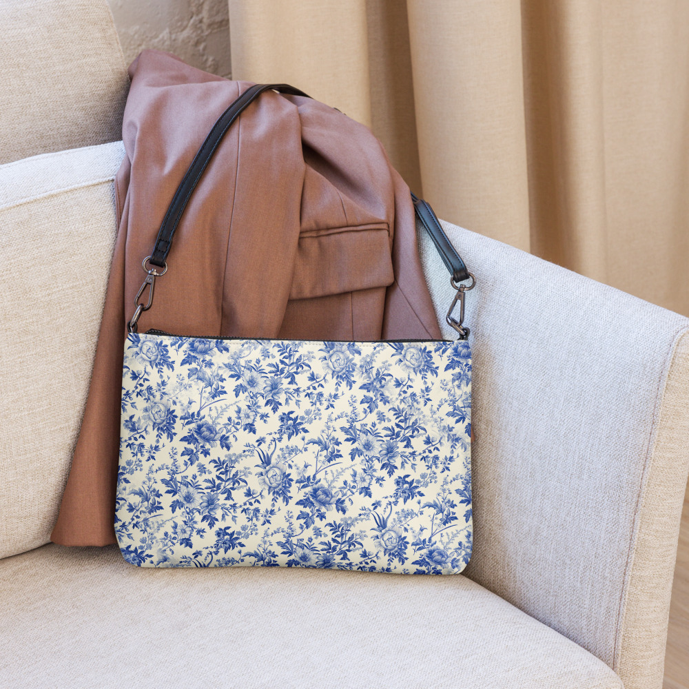 Vintage inspired blue floral purse. Cottagecore vegan faux leather crossbody bags for travel for women, girls, teens.