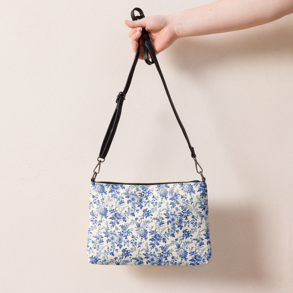 Vintage inspired blue floral purse. Cottagecore vegan faux leather crossbody bags for travel for women, girls, teens.