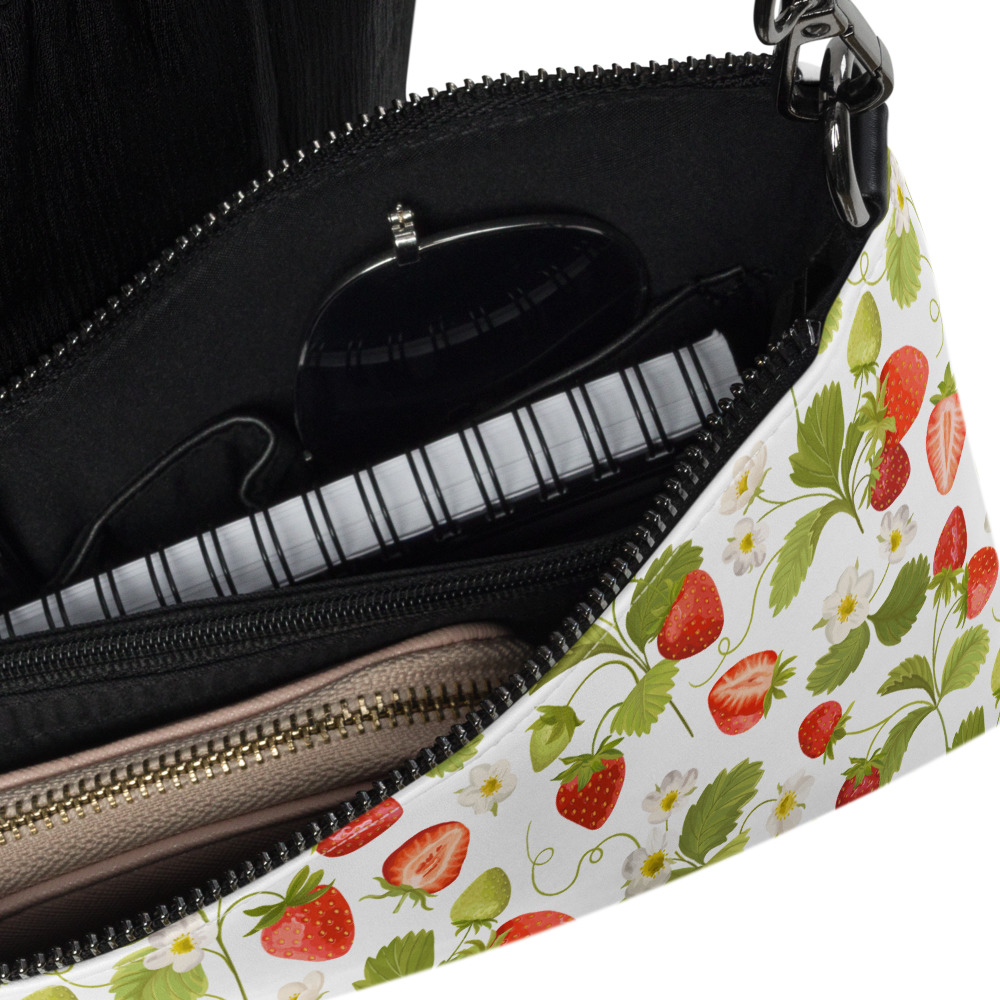 Strawberry Crossbody Bag, Cross Body Bags for Women, Cottagecore Purse with Straps, Red Strawberries, Green Leaves, Floral White Flowers of the Strawberry Plant