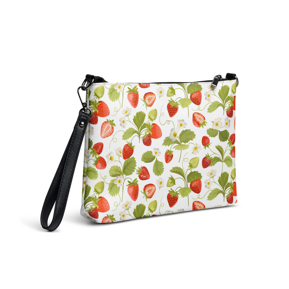 Strawberry Crossbody Bag, Cross Body Bags for Women, Cottagecore Purse with Straps, Red Strawberries, Green Leaves, Floral White Flowers of the Strawberry Plant