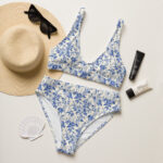 blue floral bikini, two piece swimsuit, high waisted women's swimwear