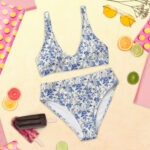 blue floral bikini, two piece swimsuit, high waisted women's swimwear