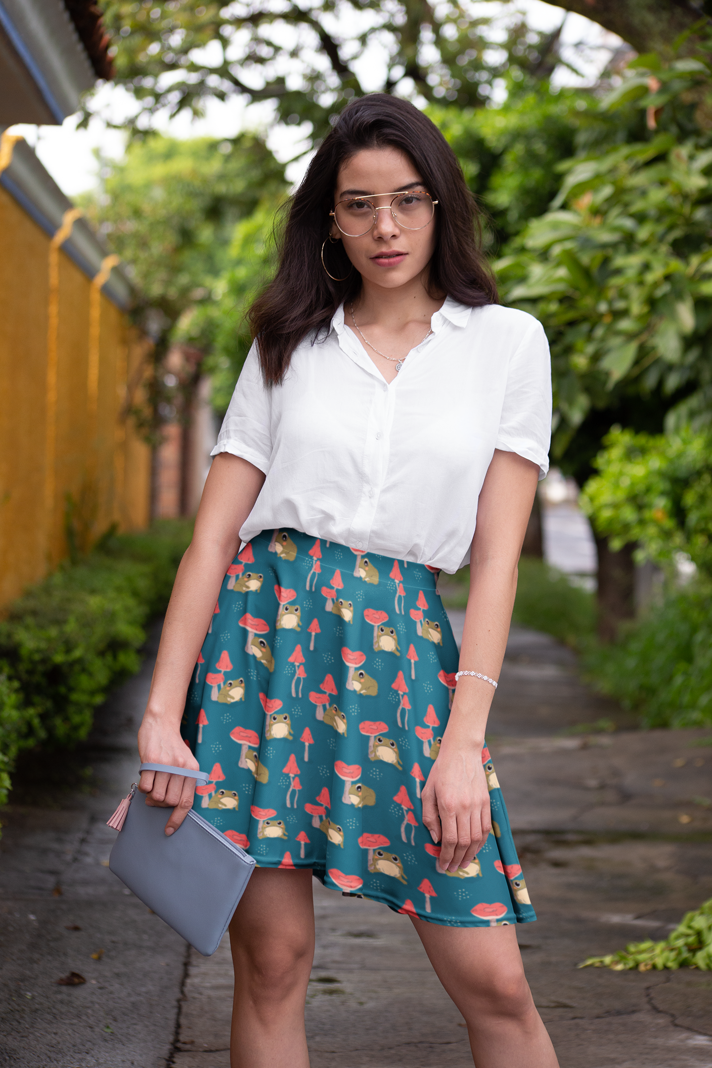 Kawaii clothes, green frog skirt with red mushrooms, cottagecore mini skirts