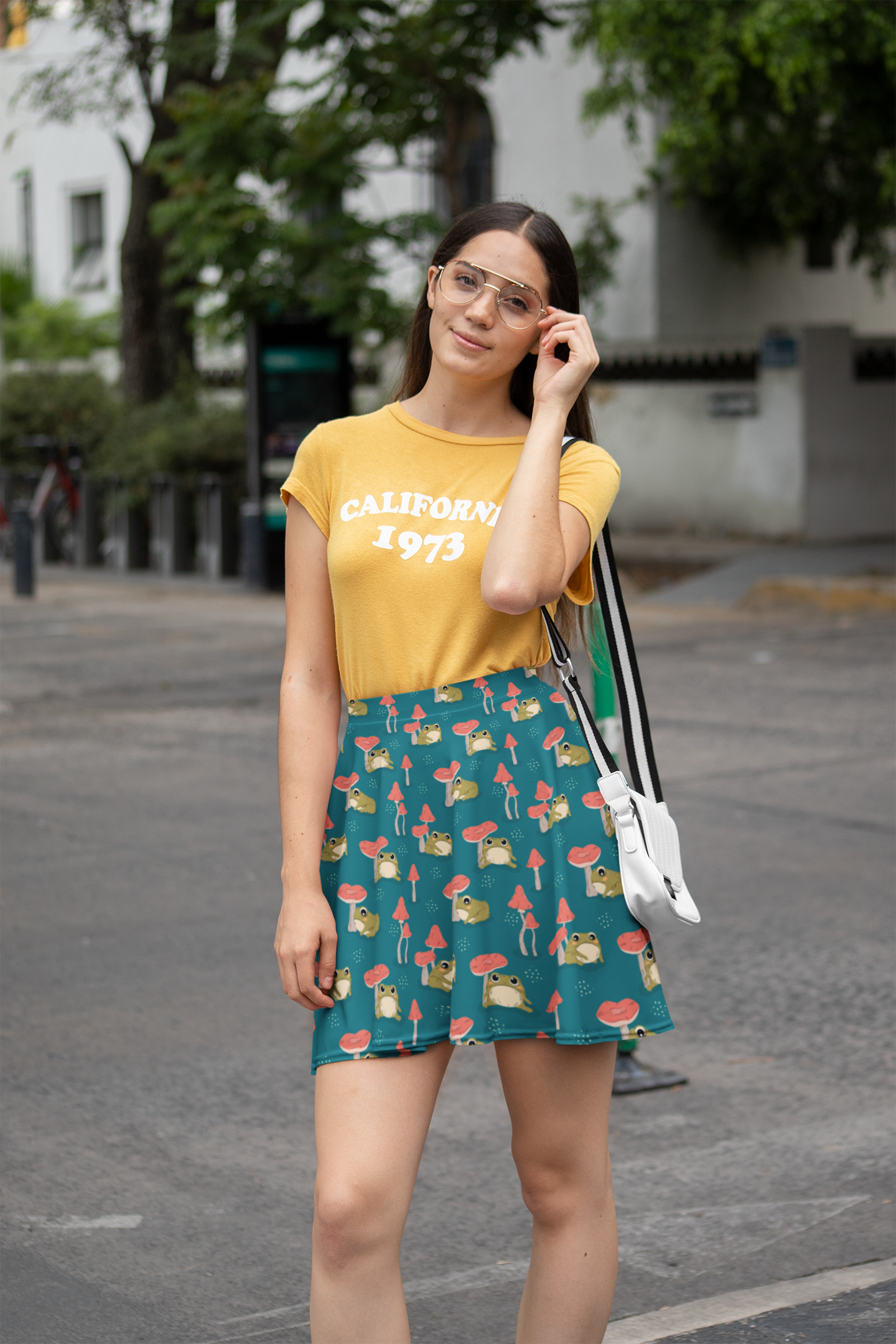 Kawaii clothes, green frog skirt with red mushrooms, cottagecore mini skirts